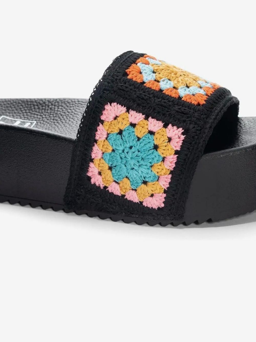 Dirty Laundry Black Crochet Slide Sandals with Teal, Pink & Mustard Accents